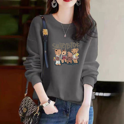 Autumn and Winter All-match Cotton Crewneck Sweater New Casual Printed Cartoon fleece-lined Thickened Base Top for Men and Women