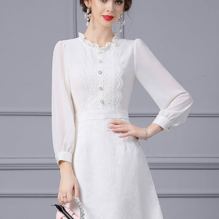 Elegant and Noble Women's Dress with Smart Collar, Pearl Decoration, Long Sleeves, Slimming Effect, New 2026 Spring Collection