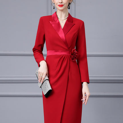 Zhili Red Three-Dimensional Floral Waist-Cinching Slimming Suit Dress, Office Style Mature Look, Bodycon Dress, 2026 Spring New Model