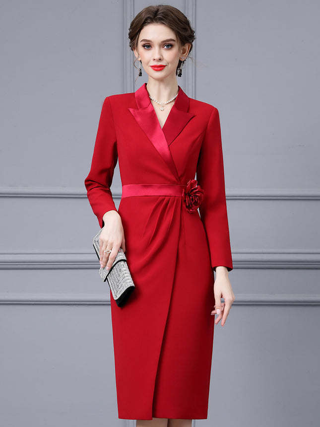 Zhili Red Three-Dimensional Floral Waist-Cinching Slimming Suit Dress, Office Style Mature Look, Bodycon Dress, 2026 Spring New Model