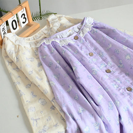 Spring and Autumn Cotton Double-layer Yarn Crewneck Llace Collar Women's Long Sleeve suit Home Clothes Soft and Sweet Outer Wear