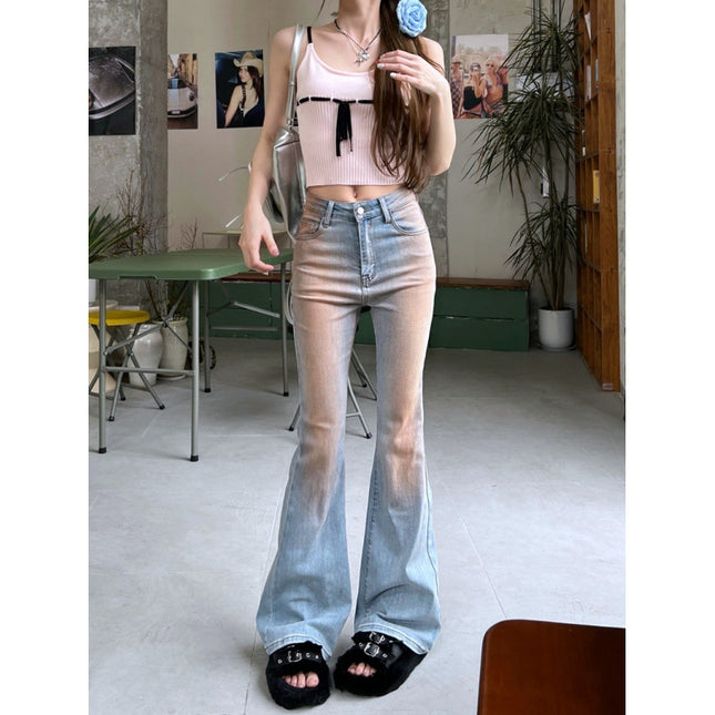 Blush-Colored High-Waisted Flared Denim Pants for Women, Washed Design, Wide-Leg Floor-Length Pants, Lazy Style