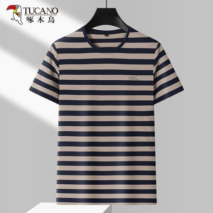 Woodpecker Men's Summer in stock Heavy Round Neck Shirt Striped Light Business Fit Casual Men's Top Simple
