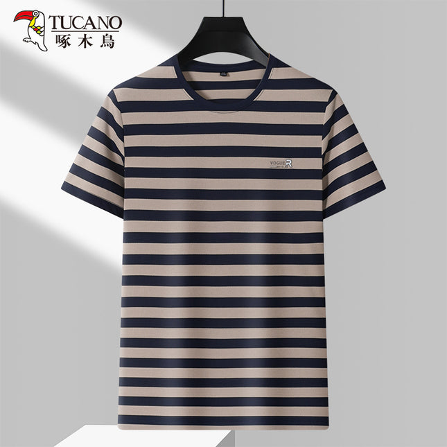 Woodpecker Men's Summer in stock Heavy Round Neck Shirt Striped Light Business Fit Casual Men's Top Simple