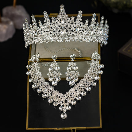 European and American Bride Jewelry Three-piece Suit High-class Dance Wedding Jewelry Alloy Diamond Crown Necklace Earrings suit