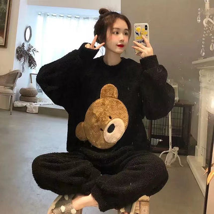 2024 New Autumn and Winter Coral Velvet Cartoon Stripesd Women's Pajamas Thickeneded and Wearable Home Wear Set