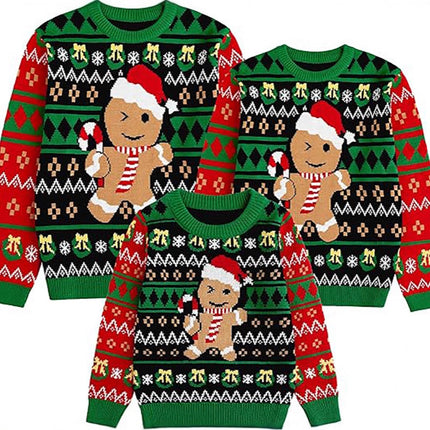 European and American Cross-Border Family Wear Cute Gingerbread Man Pullover Sweater for Women Autumn and Winter Long-Sleeved Green Loose Christmas Sweater