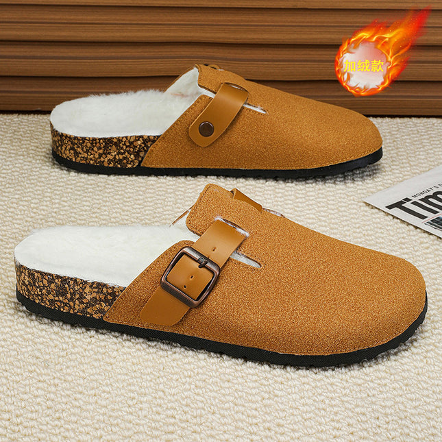 Cross-Border Winter Birkenstock Half Slippers Men's Fleece-Lined Warm Slip-On New Toe-Toe Shoes Men's Office Slippers