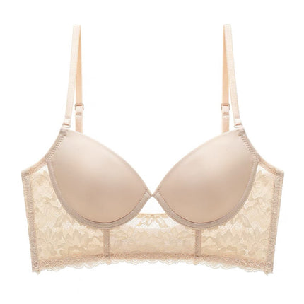 U-shaped back underwear large chest small full cup one-piece white lace gathered accessory breast anti-sagging bra