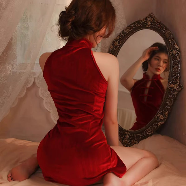 Red Cheongsam Sexy Pajamas Pure Lust Style Fun Nightgown Bed Sexy Abstinence Style Sexy Temptation Hip Skirt
