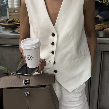 Spring 25-year-old Joker-style Horse Clip Flax Cotton V-neck Vest