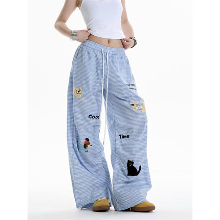 Fun Towel Embroidered Puppy Plaid Casual Pants for Women in Autumn, Lazy Style, Loose Slimming Straight Drape Walking Pants