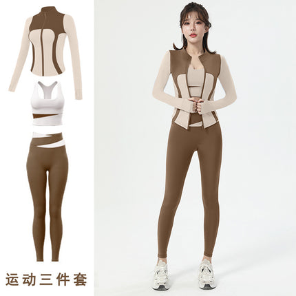 Spring New Outdoor Quick-drying Yoga Clothes suit Women's High Elastic Slim-fit Slimming Contrast Zipper Casual Sports Top