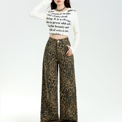 American Style High Street Leopard Print Wide Leg Jeans Women's 2025 Spring New High Waist Loose Slimming Straight Pants