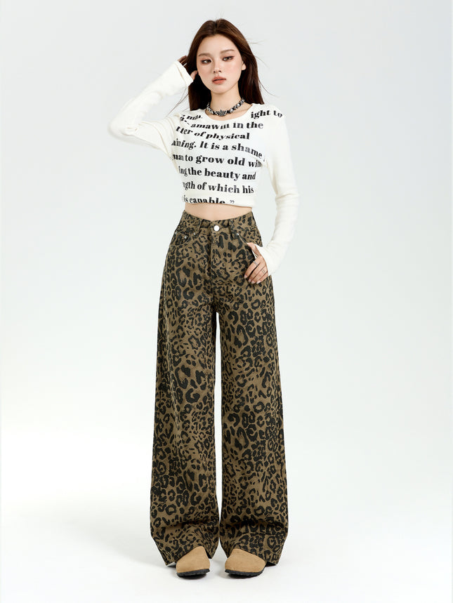 American Style High Street Leopard Print Wide Leg Jeans Women's 2025 Spring New High Waist Loose Slimming Straight Pants