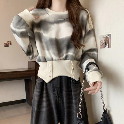 American Retro Tie-Dye Hooded Sweatshirt for Women in Spring & Fall Plus Size Fat mm Slimming Look Design Asymmetrical Short Top Trendy
