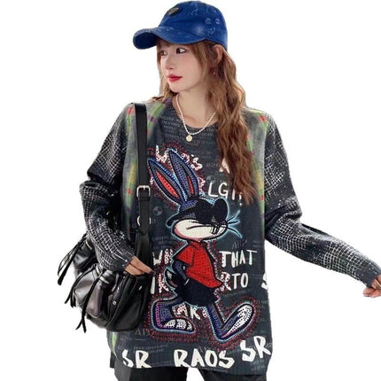 American Long-sleeved Knitted Shirt Women's T-shirt Trendy Brand New Sweater Women's Loose Slim Look Fashionable Top Hot Diamond Round Neck T-shirt