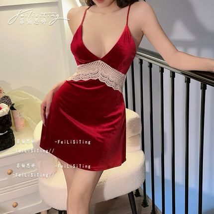 Sexy Gold Velvet Pajamas Autumn and Winter New Chest Pad Sling Nightgown suit Nightgown Lace Two-Piece Home Clothes