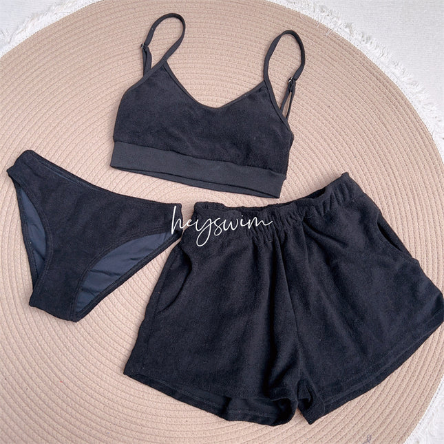 South Korea ins new solid color towel fabric camisole elastic waist loose shorts women's split swimsuit