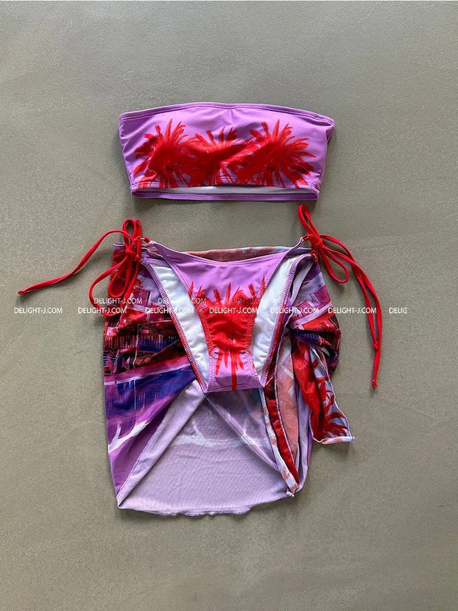 Swimsuit for Women, Conservative and High-End Style, Pure Desire, Strapless, Printed Three-Piece Bikini, Small Bust, Covers the Body, Makes You Look Slimmer