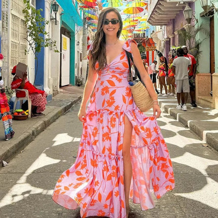 2024 European and American Swimwear New V-neck Ruffled Seaside Holiday Printed One-piece Swimsuit suit Women's Cross-border 25084