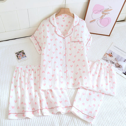 Various Style Spring and Summer Cotton Crepe Pajamas Sweet Three-Piece Short-Sleeved Trousers Spring and Autumn Loose Casual suit