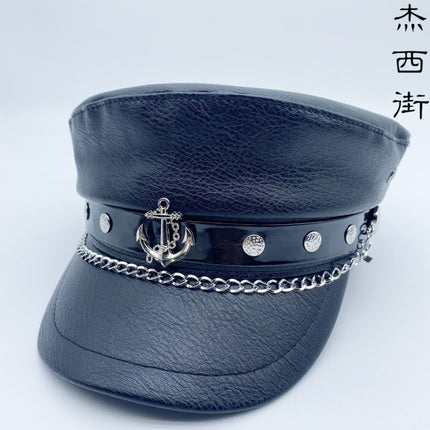 Y2K Spice Girl PU Leather Flat Top Beret Women's All-match Retro British Style Black Navy Hat for Face