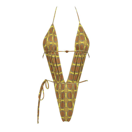 2024 European and American New Sexy Deep V One-piece Swimsuit Women's Cross-border Printed Strap Backless Bikini