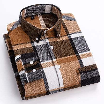 New Spring and Summer Pure Cotton Men's Shirts, Brushed Plaid Long-Sleeved Casual Shirts, Slim Fit, Fashionable and Versatile Tops Wholesale