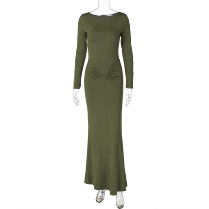 Independent Station Cross-Border Hot Sale Autumn Women's Solid Color Long-Sleeved Round Neck Pleated Simple Sexy Dinner Hip-Hugging Dress