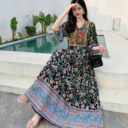 Amazon Cotton Silk Beach Dress Ethnic Style Large Swing Dress V-Neck Mid-Sleeve Dress Embroidered Vintage Floral Long Dress