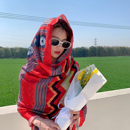 Retro Ethnic Style Travel Silk Scarf Summer Seaside Sunscreen Beach Towel Lightweight Cotton and Linen Handfeel Decorative Shawl Women