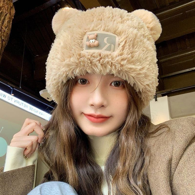 Bear plush knitted hat women's autumn and winter warm anti-fur pullover wool hat face-looking small sweet cute basin hat