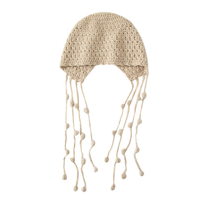 Handmade Fashionable Dirty Braid Ball Tassel Thickeneded Warm Cashmere Knitted Cut Out Toe Cap Ear Protection Hat Autumn and Winter