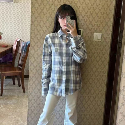 Korean Style Plaid Retro Long-sleeved Shirt Women's Spring and Autumn New Scrub Sunscreen Shirt Lazy Style French Top Coat