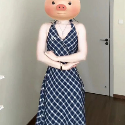 French style plaid suspenders dress women's 2025 new summer small a set of wear long skirt