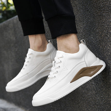 2022 New Height-increasing Shoes Men's Two-layer Leather Casual Sports Board Shoes Autumn Invisible Height-increasing Men's Shoes White
