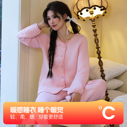 Factory high quality Autumn and Winter Air Cotton Pajamas Women's Warm Three-Layer Quilted Long-Sleeved Outwear suit