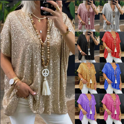 2026 New European and American Amazon Short-Sleeved Urban Casual Color Loose-Fitting Pullover Sequined V-Neck T-Shirt Tops for Women