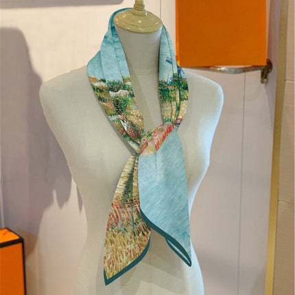 90cm Spring New Van Gogh Oil Painting Windmill Vegetable Garden Fashion Shawl Large Square Scarf Scarf Scarf Strapless Scarf