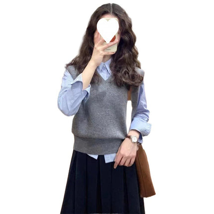 Early Autumn Korean-style Loose Striped Long-sleeved Shirt Lazy Pullover Sleeveless Knitted Sweater Vest Two-piece Set