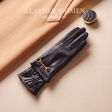 Women's Lambskin Gloves Autumn and Winter fleece-lined Thickened Driving Cycling Cold-proof Warm Touch Screen Hardware Top Layer Sheepskin