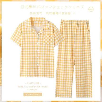 Long-Sleeved Cotton Japanese Pajamas Women's Suit Cotton Plaid Couple Long-Sleeved Home Clothes Men's Summer Thin Suit