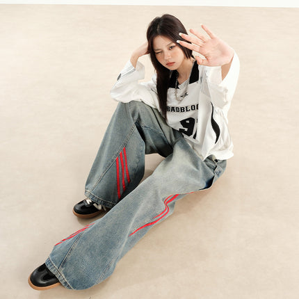 New American Style Retro Red Stitching Striped Jeans Women's Early Autumn New Loose Straight Wide Leg Pants