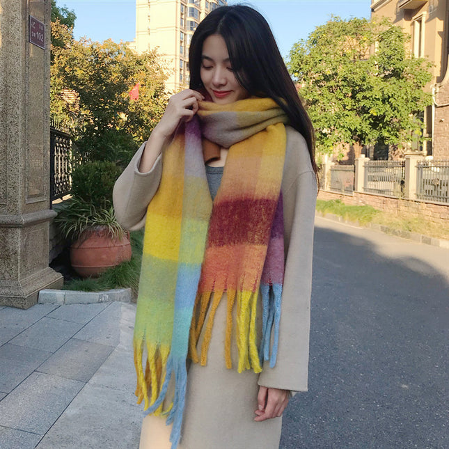 New Cross-Border Plaid European and American Color-Blocking Scarf for Women, Nordic Autumn and Winter Soft and Warm Loop Yarn Color-Blocking Plaid Scarf