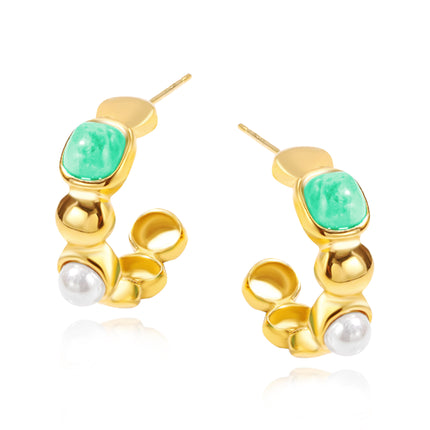 C-Shaped Pearl and Agate Stud Earrings Made in Guangzhou, Titanium Steel Personalized Design, Trendy Stainless Steel Earrings for Cross-Border Markets