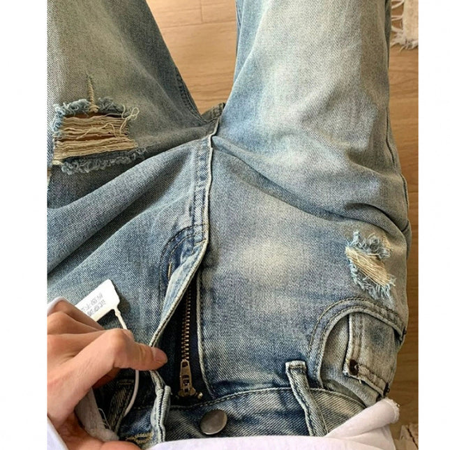 American Retro Ripped Wide-Leg Jeans for Women, Petite High-Waisted Loose Slimming Straight-Leg Floor-Length Pants Trendy