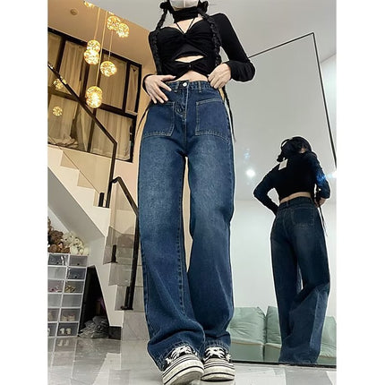 American retro small fleece-lined high waist jeans women's autumn and winter chubby girl plus size straight wide leg mop pants fashion
