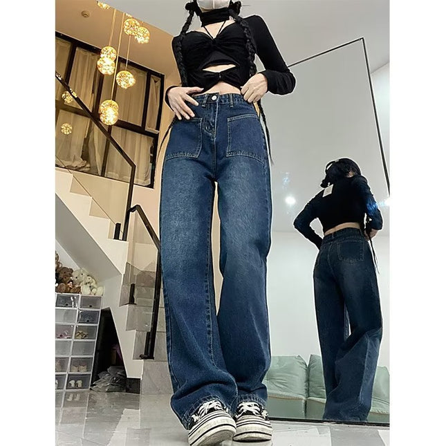 American retro small fleece-lined high waist jeans women's autumn and winter chubby girl plus size straight wide leg mop pants fashion