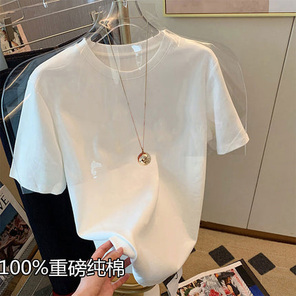 2024 New Shoulder Printed Cotton Short-sleeved Men's and Women's T-shirt Fashionable All-match Slimming White Top Base Shirt